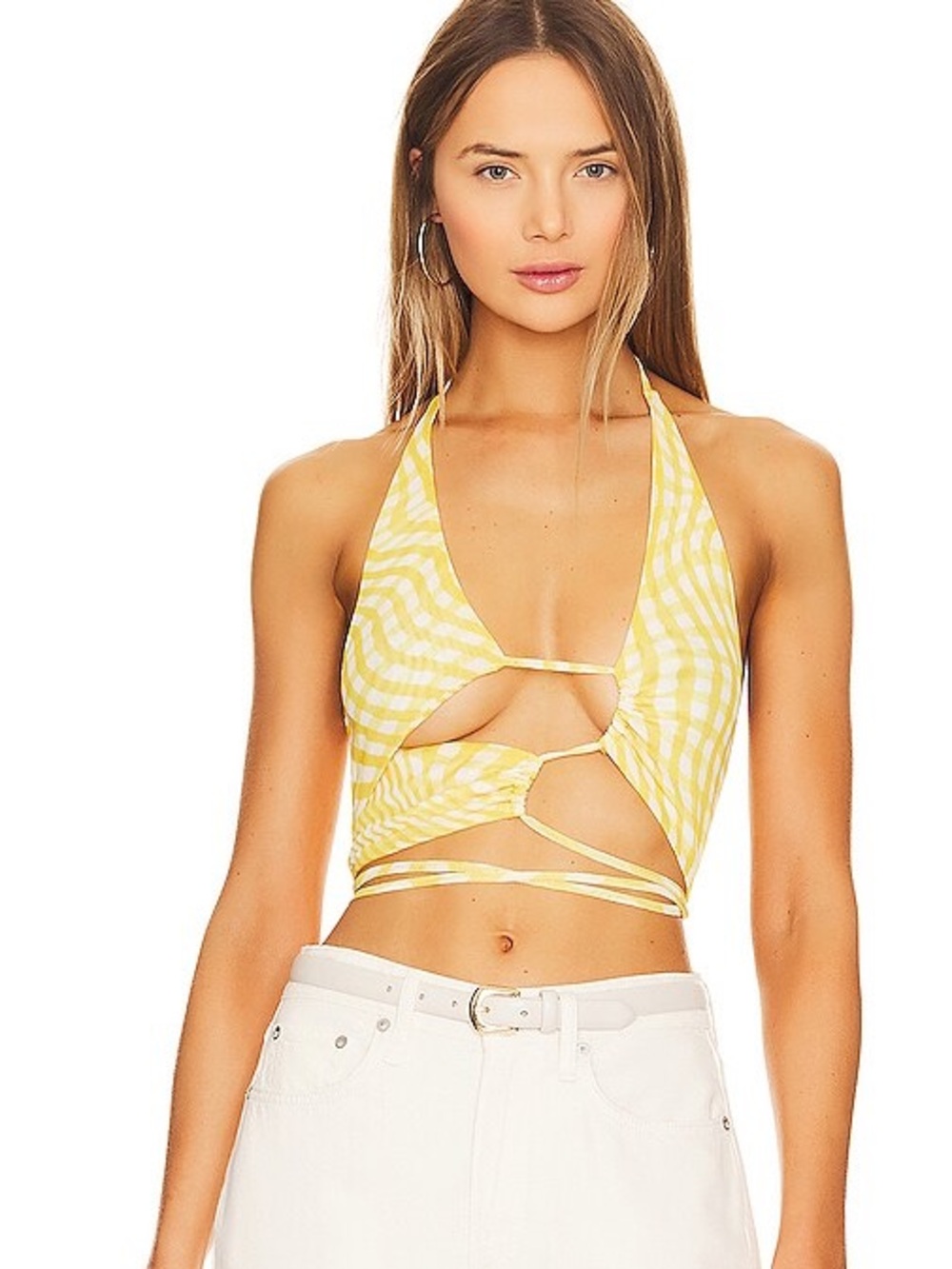 Camila Coelho Yellow and White Gingham Halter Crop Top